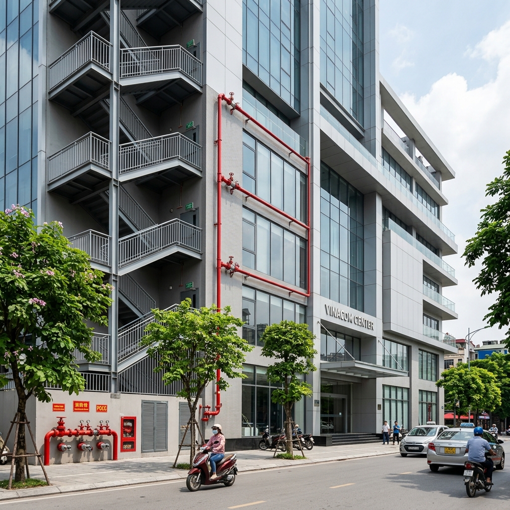 Tòa nhà văn phòng hiện đại với hệ thống PCCC — đối tượng mua bảo hiểm cháy nổ bắt buộc
